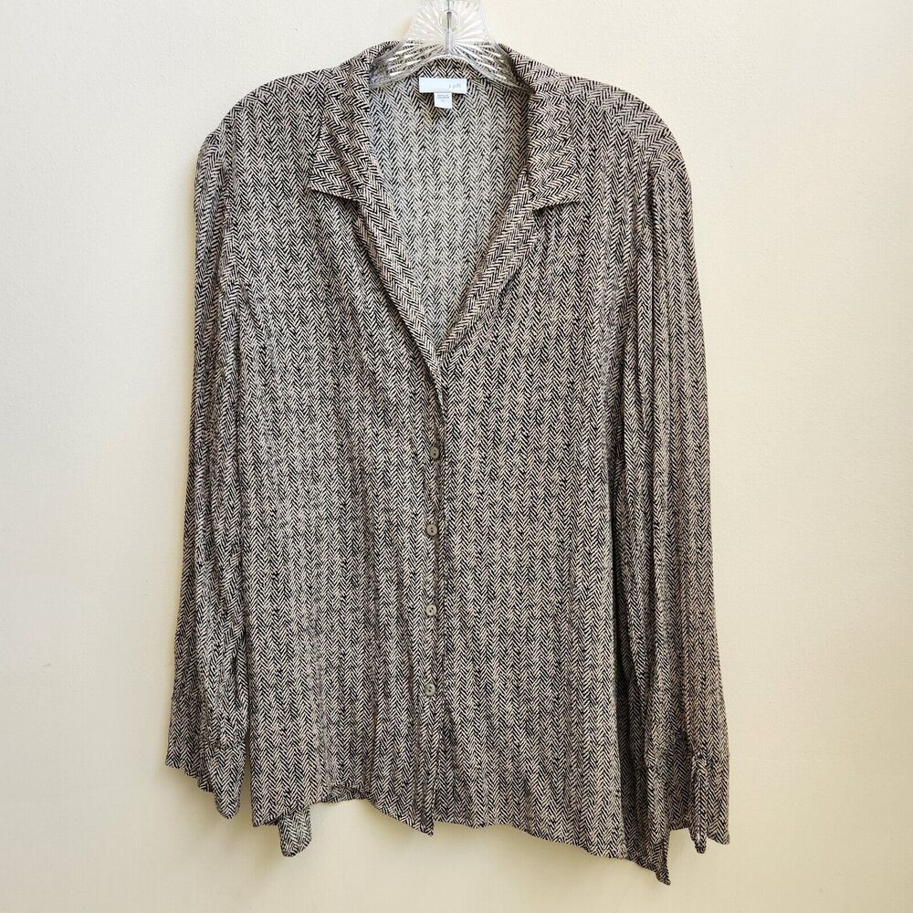 J Jill Top Women's L Tan Black Herringbone Button Up Classic Stylish Staple Chic